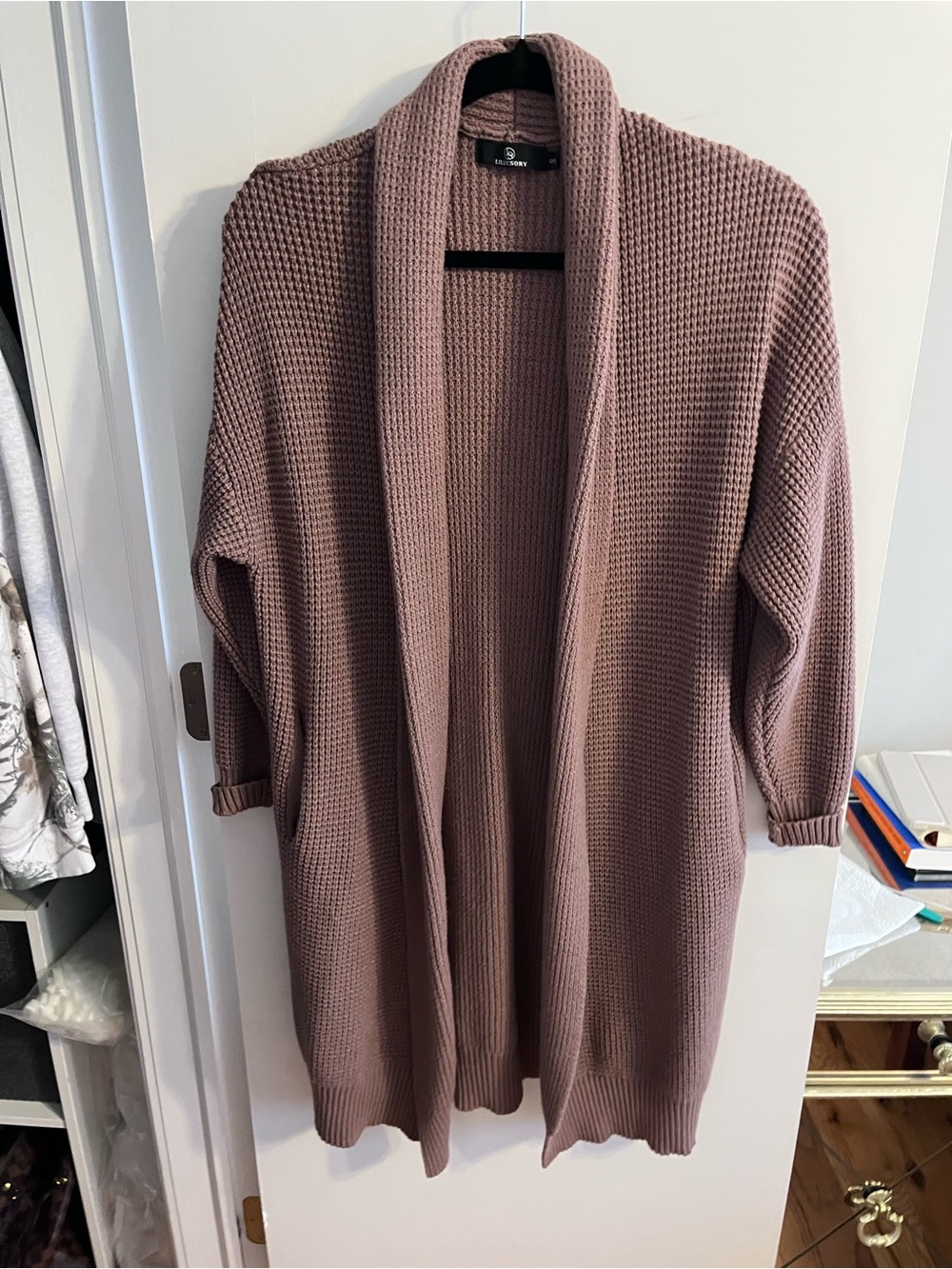 Shawl Collar Open-Front Knit Cardigan - Mauve